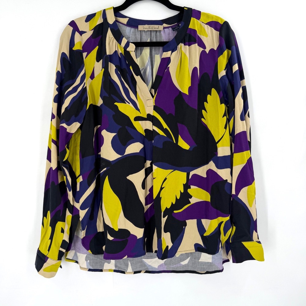 Smith & Soul Blouse Women Small Purple Yellow Abstract Botanical Art to Wear - Picture 2 of 12